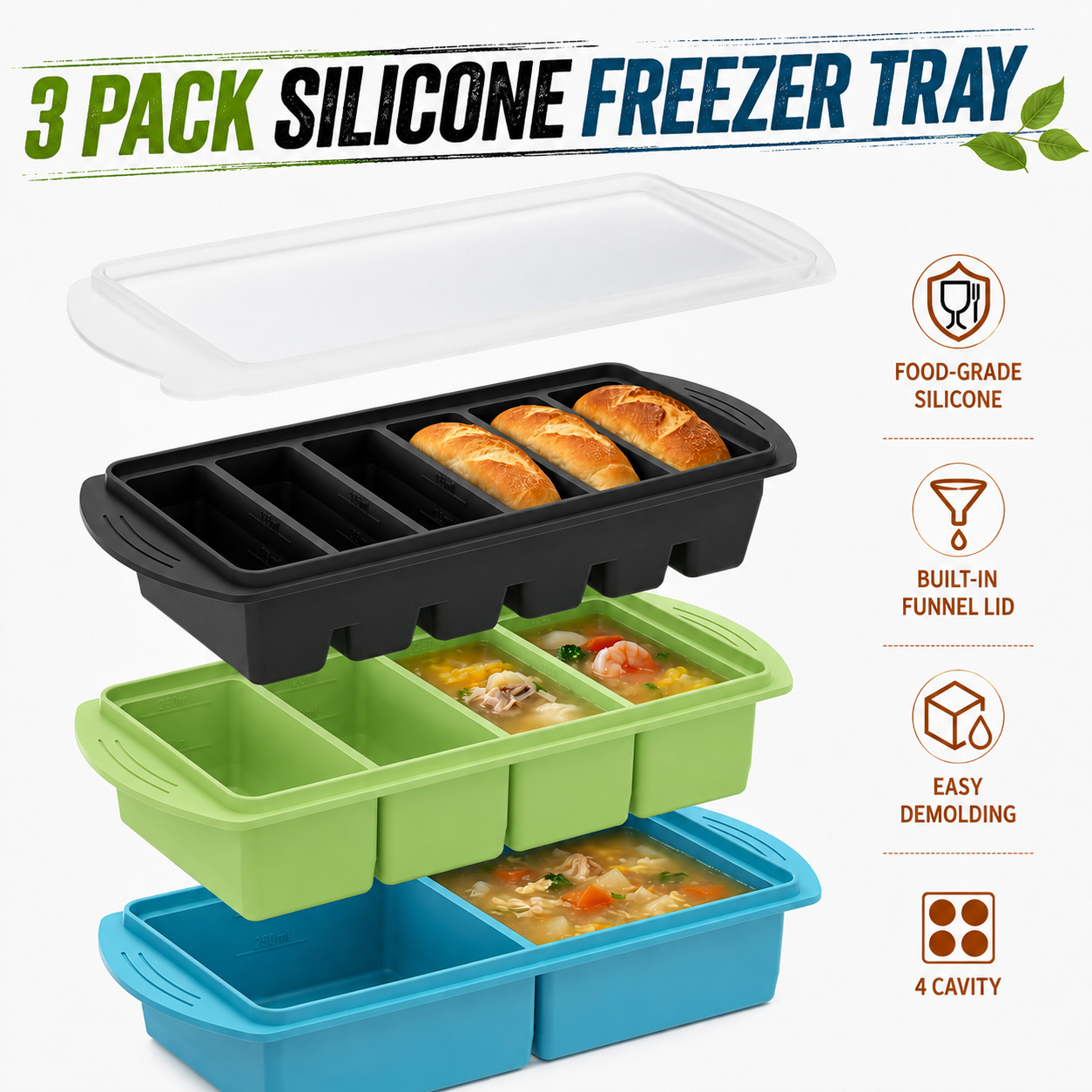 Meal Prep Menu - 3 Pack Silicone Freezer Trays Set